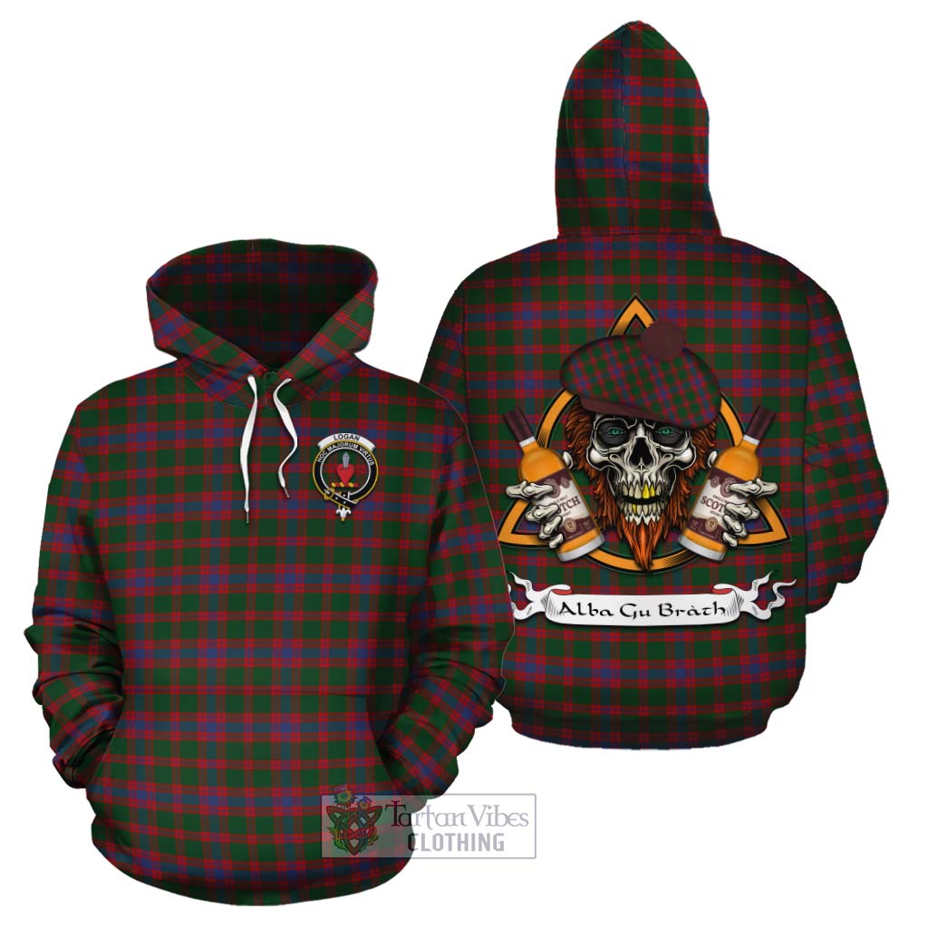 Tartan Vibes Clothing Logan Tartan Cotton Hoodie with Family Crest and Bearded Skull Holding Bottles of Whiskey