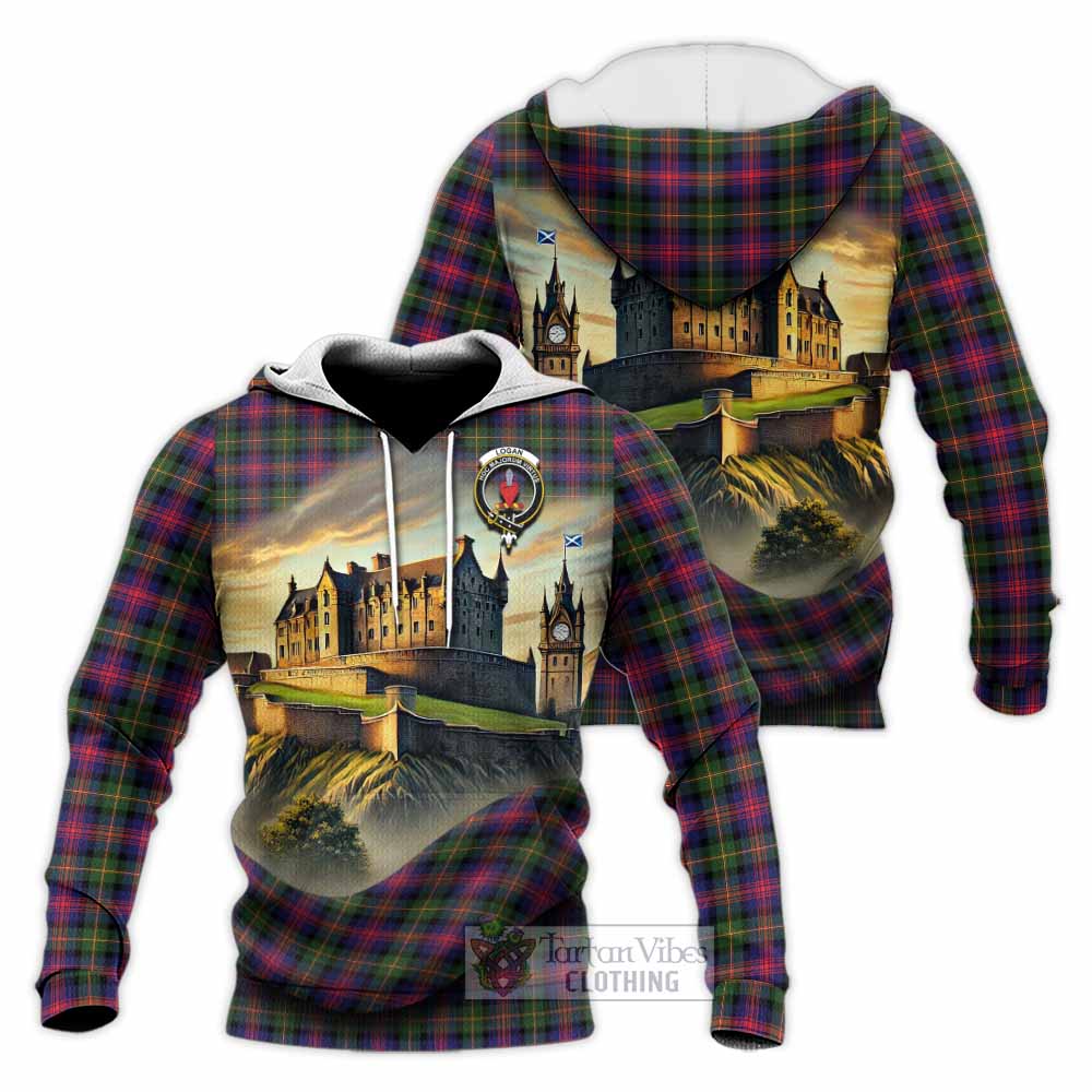 Tartan Vibes Clothing Logan Tartan Family Crest Knitted Hoodie with Scottish Ancient Castle Style