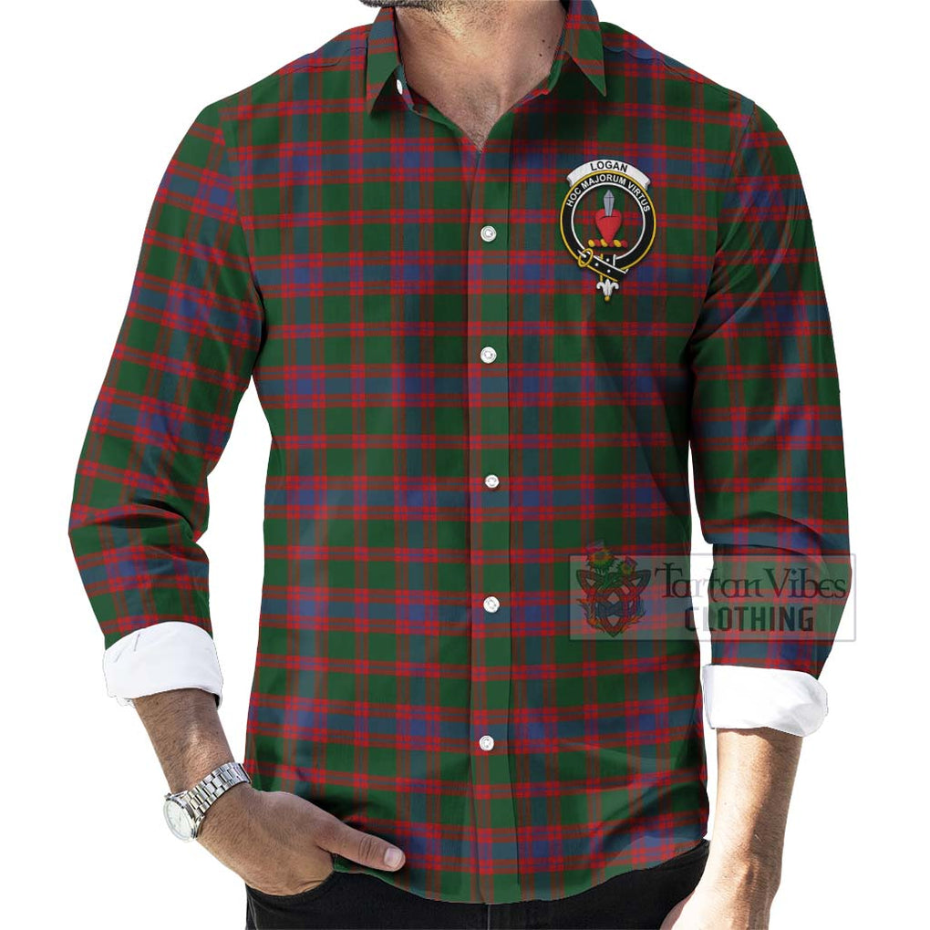Tartan Vibes Clothing Logan Tartan Long Sleeve Button Shirt with Family Crest Celtic Skull Style
