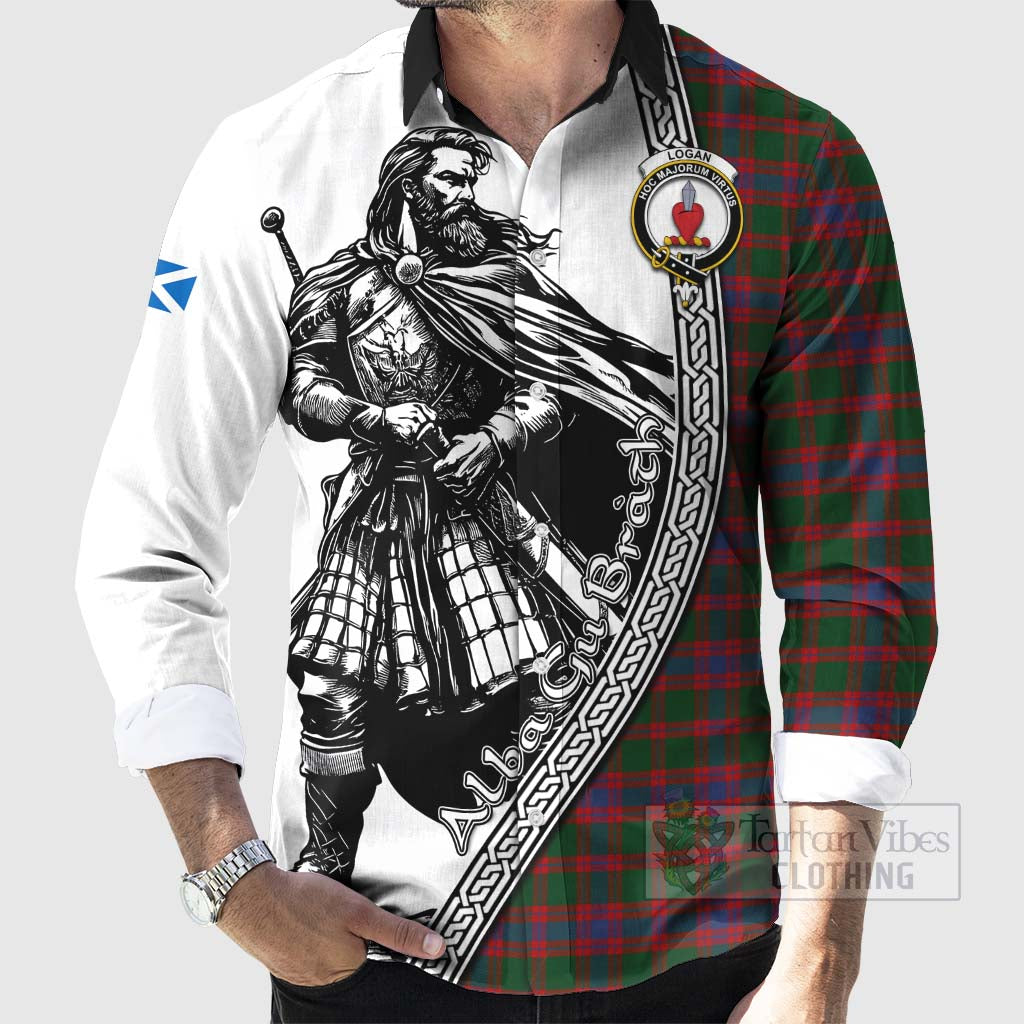 Tartan Vibes Clothing Logan Tartan Clan Crest Long Sleeve Button Shirt with Highlander Warrior Celtic Style