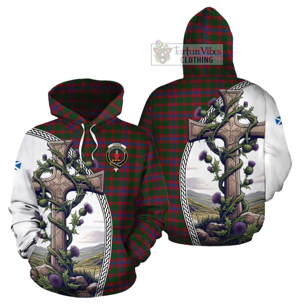 Tartan Vibes Clothing Logan Tartan Cotton Hoodie with Family Crest and St. Andrew's Cross Accented by Thistle Vines