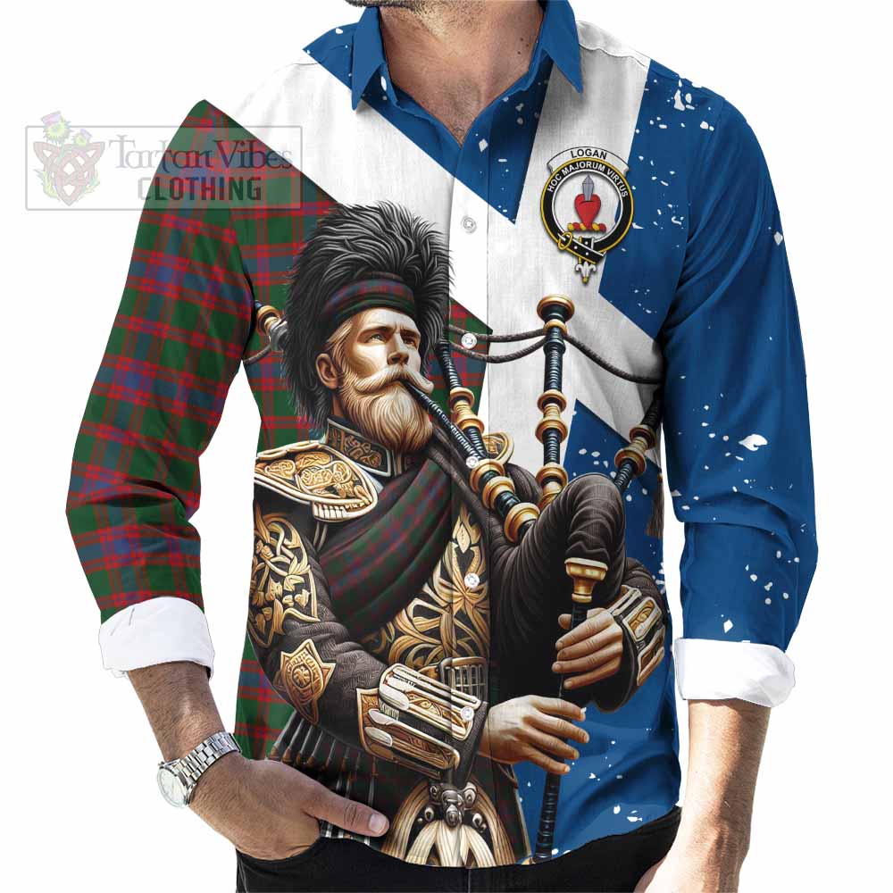 Tartan Vibes Clothing Logan Tartan Long Sleeve Button Shirt with Family Crest Scottish Bagpiper Vibes