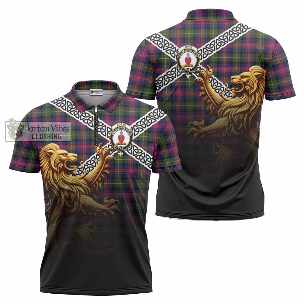 Tartan Vibes Clothing Logan Crest Tartan Zipper Polo Shirt with Golden Lion Emblem Celtic Style