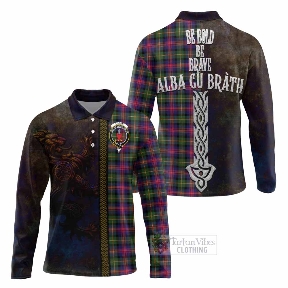 Tartan Vibes Clothing Logan Tartan Family Crest Long Sleeve Polo Shirt Alba Gu Brath Be Brave Lion Ancient Style