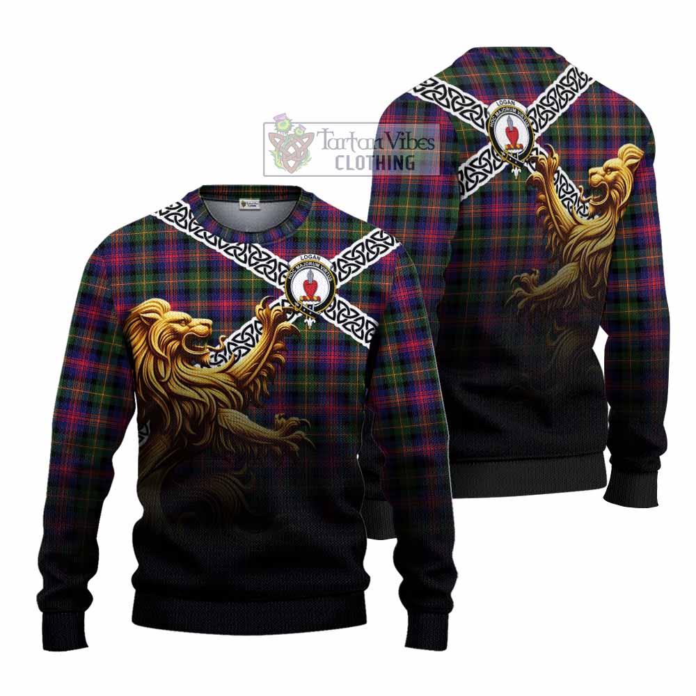 Tartan Vibes Clothing Logan Crest Tartan Knitted Sweater with Golden Lion Emblem Celtic Style