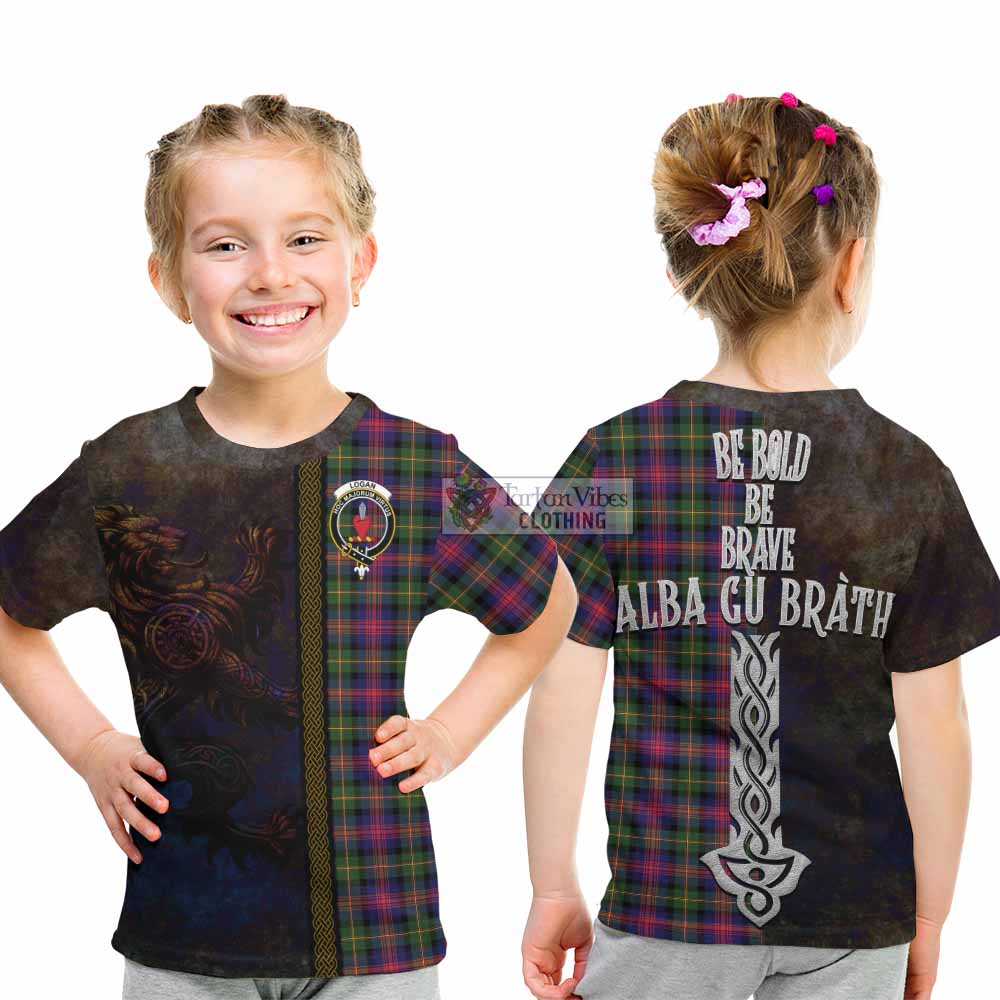 Tartan Vibes Clothing Logan Tartan Family Crest Kid T-Shirt Alba Gu Brath Be Brave Lion Ancient Style