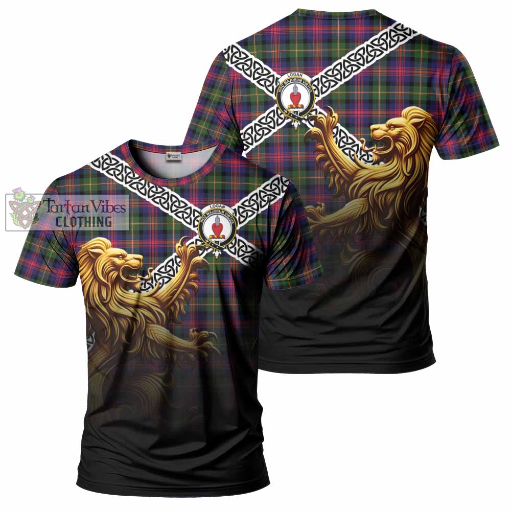 Tartan Vibes Clothing Logan Crest Tartan T-Shirt with Golden Lion Emblem Celtic Style