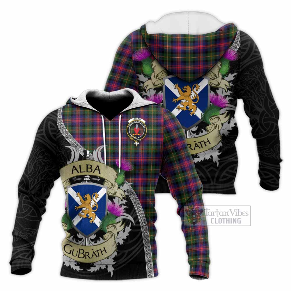 Tartan Vibes Clothing Logan Tartan Family Crest Knitted Hoodie Lion Rampant Royal Thistle Shield Celtic Inspired