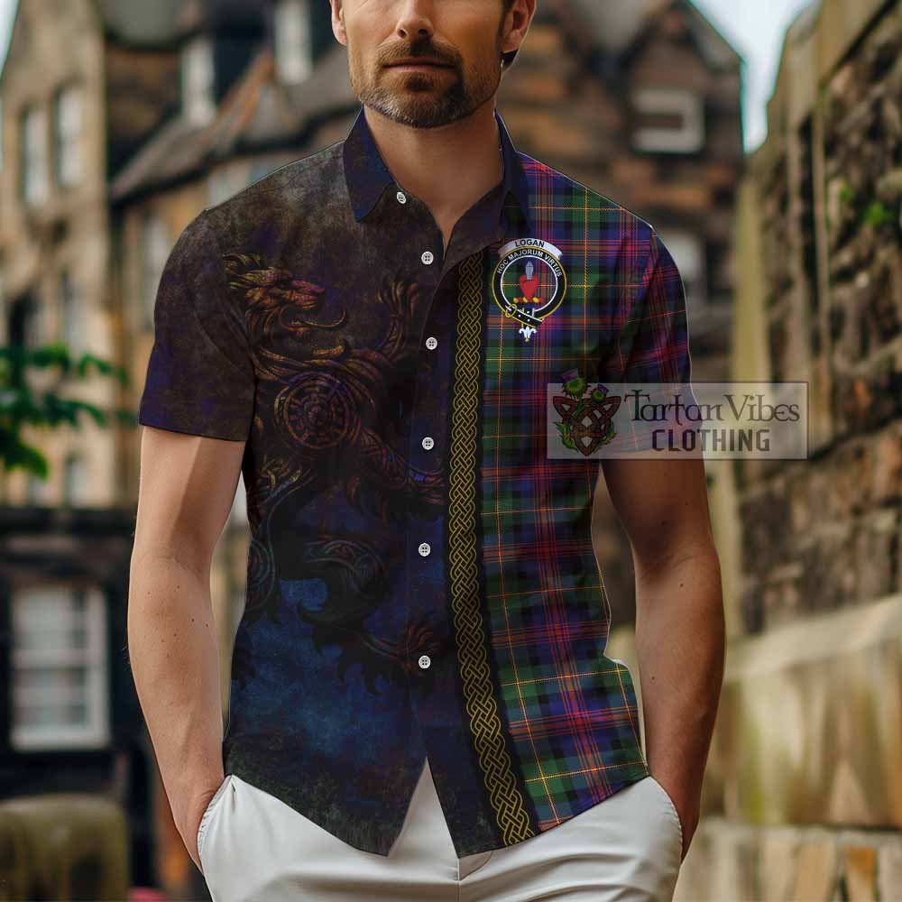 Tartan Vibes Clothing Logan Tartan Family Crest Short Sleeve Button Shirt Alba Gu Brath Be Brave Lion Ancient Style