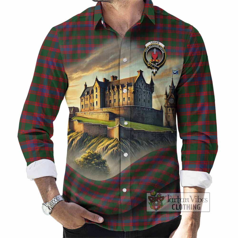 Tartan Vibes Clothing Logan Tartan Family Crest Long Sleeve Button Shirt with Scottish Ancient Castle Style