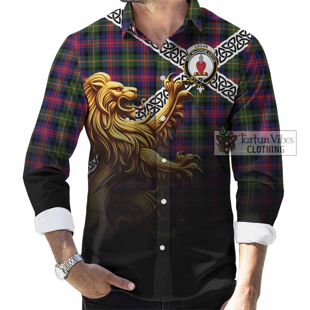 Tartan Vibes Clothing Logan Crest Tartan Long Sleeve Button Shirt with Golden Lion Emblem Celtic Style