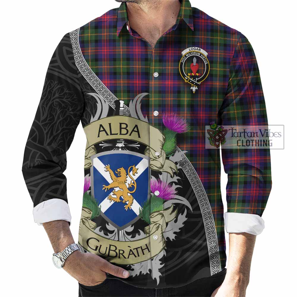 Tartan Vibes Clothing Logan Tartan Family Crest Long Sleeve Button Shirt Lion Rampant Royal Thistle Shield Celtic Inspired