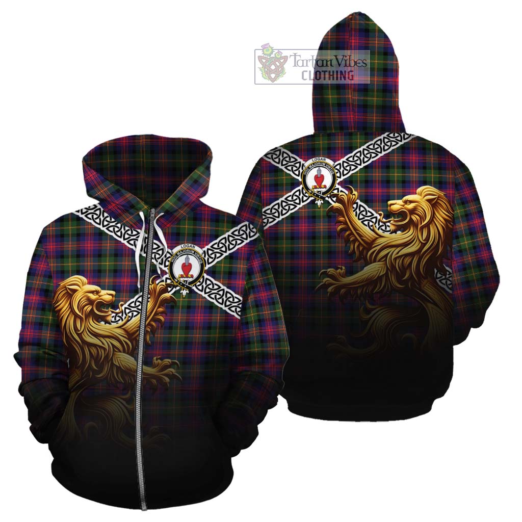 Tartan Vibes Clothing Logan Crest Tartan Cotton Hoodie with Golden Lion Emblem Celtic Style