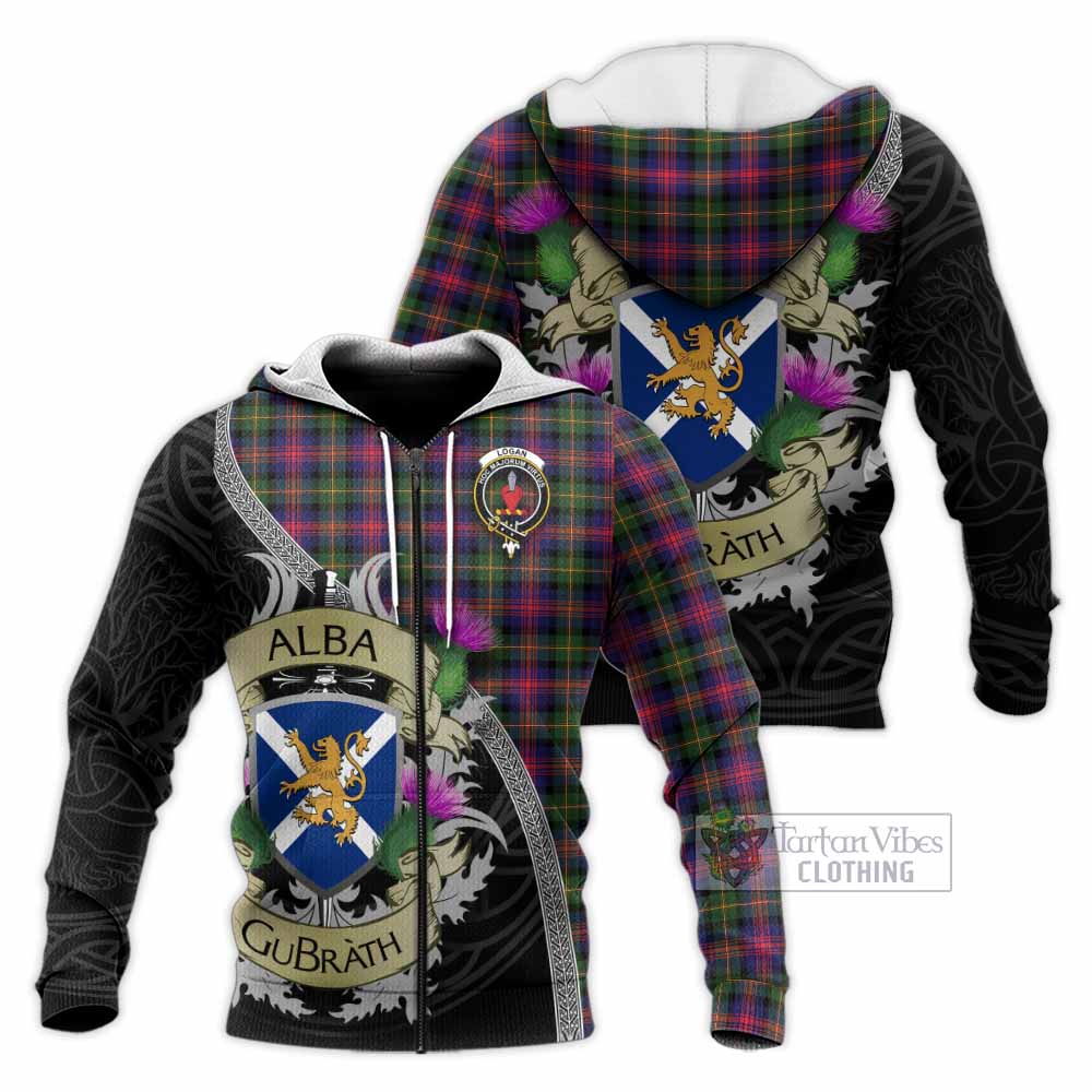 Tartan Vibes Clothing Logan Tartan Family Crest Knitted Hoodie Lion Rampant Royal Thistle Shield Celtic Inspired