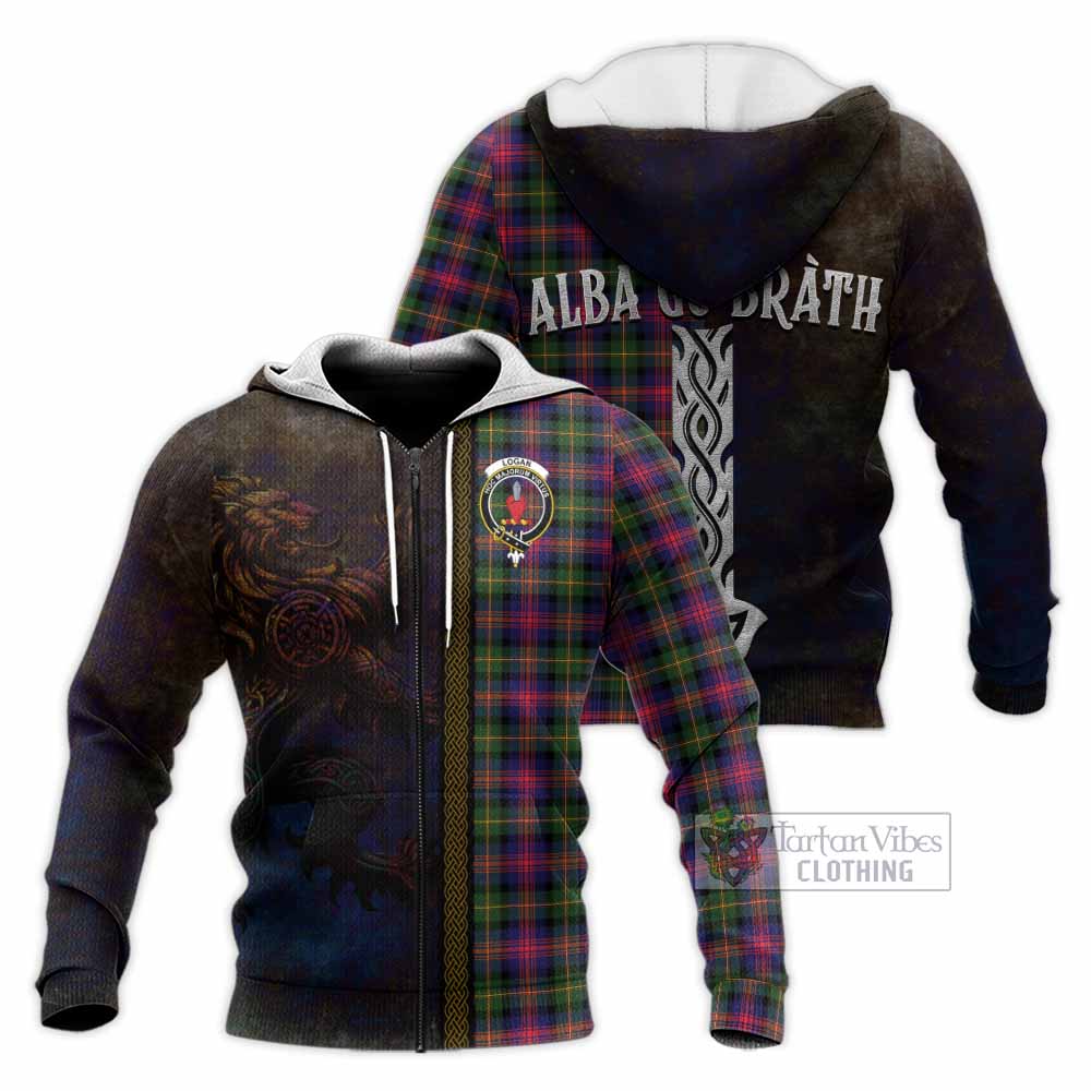 Tartan Vibes Clothing Logan Tartan Family Crest Knitted Hoodie Alba Gu Brath Be Brave Lion Ancient Style