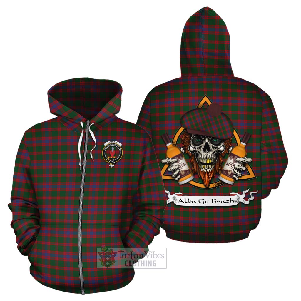 Tartan Vibes Clothing Logan Tartan Cotton Hoodie with Family Crest and Bearded Skull Holding Bottles of Whiskey