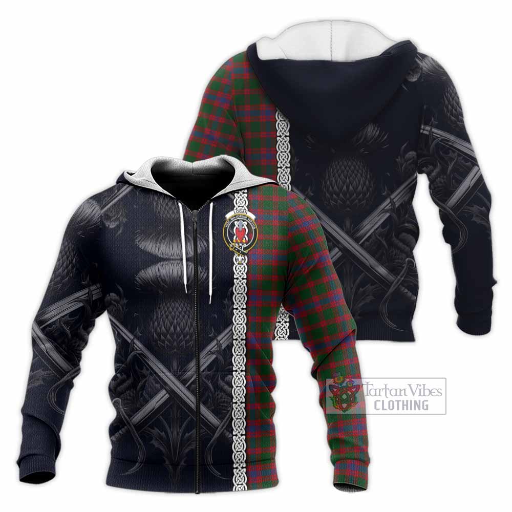 Tartan Vibes Clothing Logan Tartan Knitted Hoodie with Family Crest Cross Sword Thistle Celtic Vibes