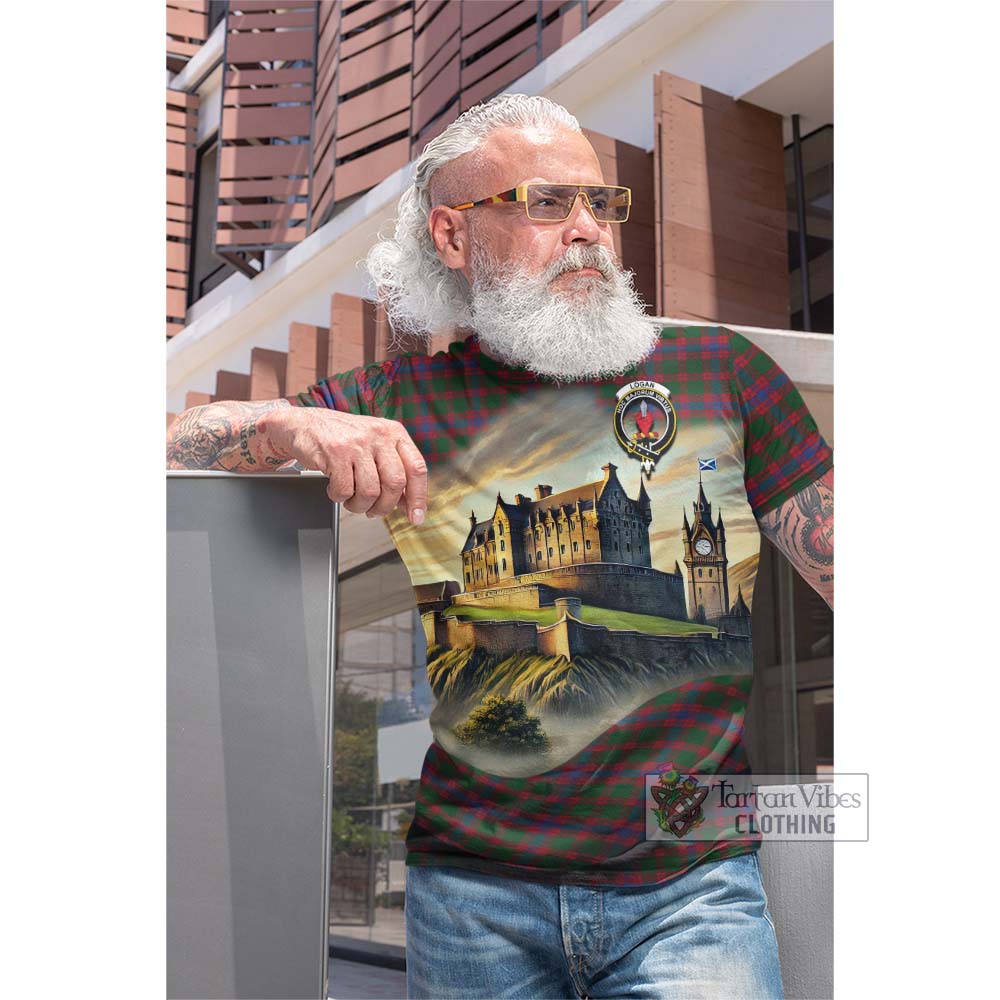 Tartan Vibes Clothing Logan Tartan Family Crest Cotton T-shirt with Scottish Ancient Castle Style