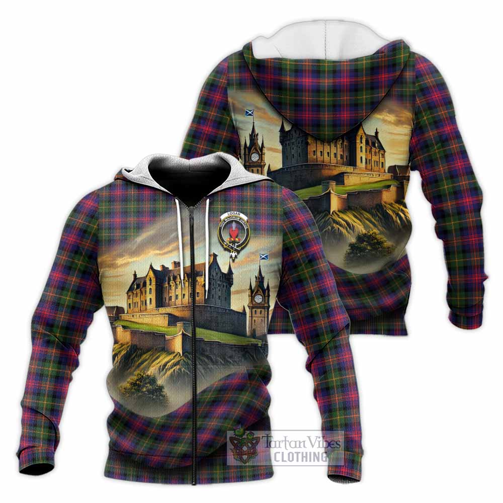 Tartan Vibes Clothing Logan Tartan Family Crest Knitted Hoodie with Scottish Ancient Castle Style