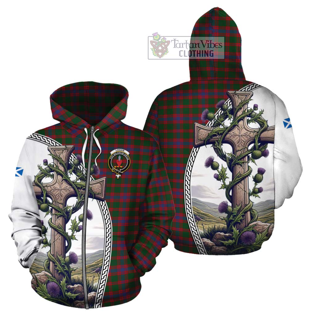 Tartan Vibes Clothing Logan Tartan Cotton Hoodie with Family Crest and St. Andrew's Cross Accented by Thistle Vines
