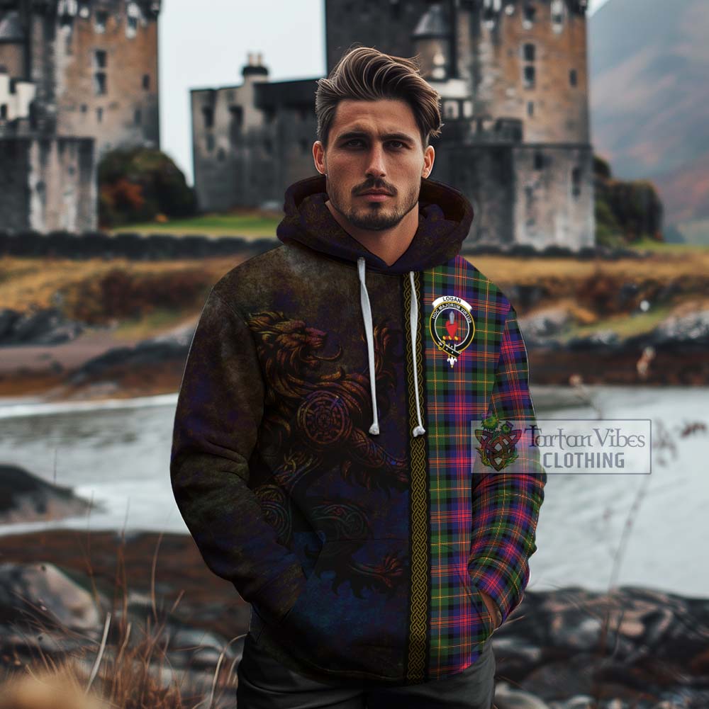 Tartan Vibes Clothing Logan Tartan Family Crest Cotton Hoodie Alba Gu Brath Be Brave Lion Ancient Style