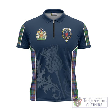 Logan Ancient Tartan Zipper Polo Shirt with Family Crest and Scottish Thistle Vibes Sport Style