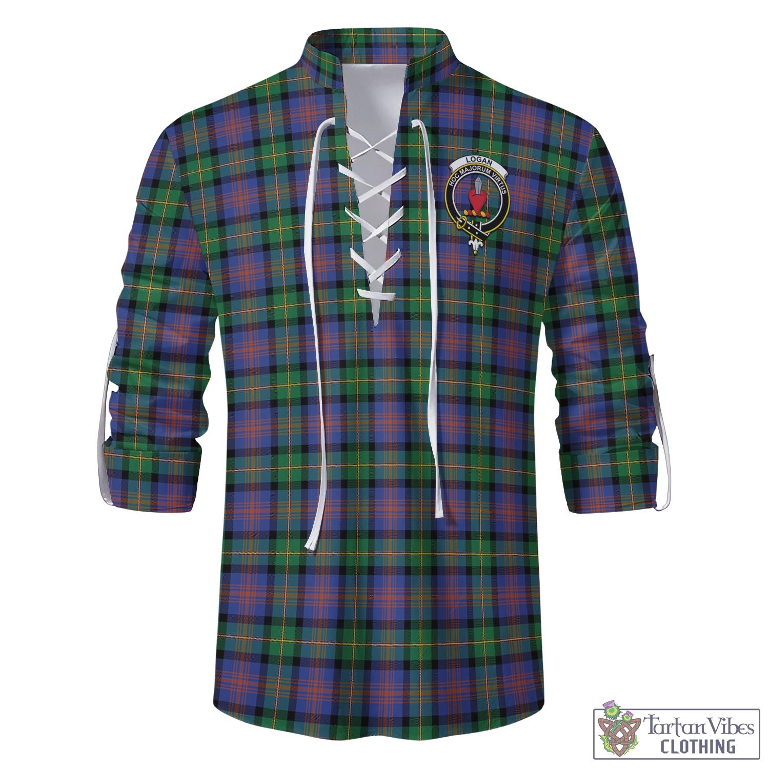Tartan Vibes Clothing Logan Ancient Tartan Men's Scottish Traditional Jacobite Ghillie Kilt Shirt with Family Crest