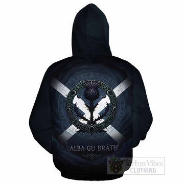Logan Clan Crest Cotton Hoodie with Celtic Knot Thistle and Saltire