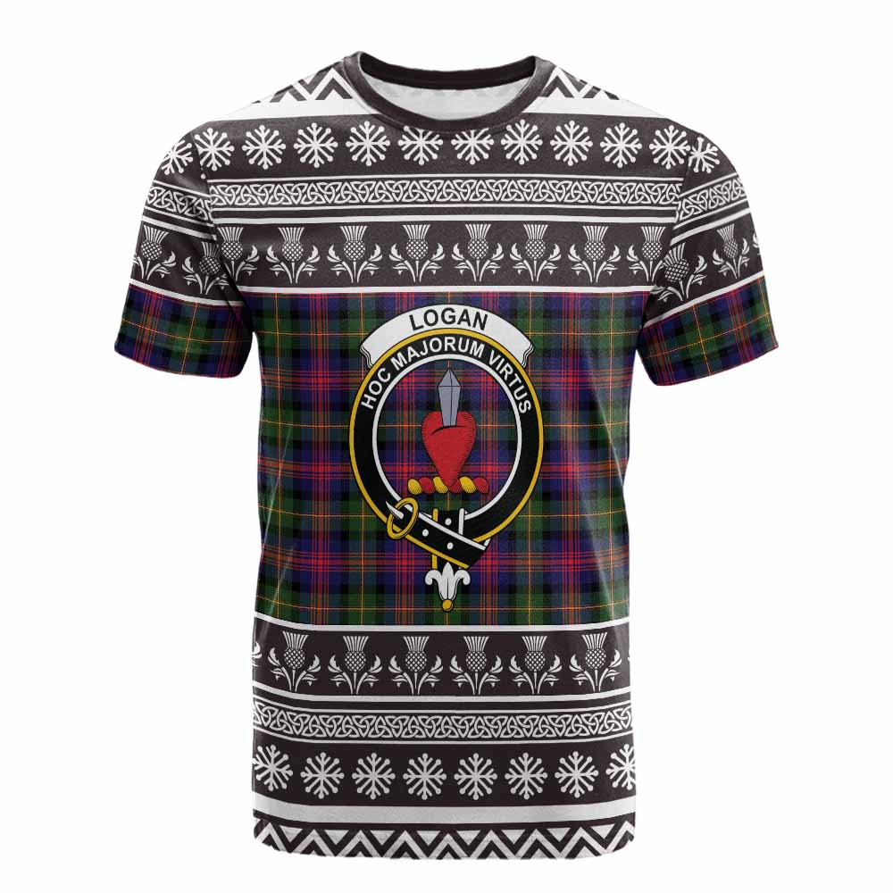 Logan Clan Tartan Christmas Cotton T-shirt with Family Crest - Tartan Vibes Clothing
