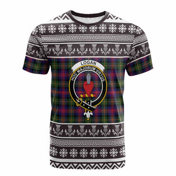 Logan Clan Tartan Christmas Cotton T-shirt with Family Crest