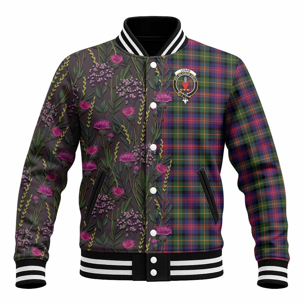 Logan Family Crest Tartan Baseball Jacket Scottish Thistle Flower Pattern Half Style - Tartan Vibes Clothing