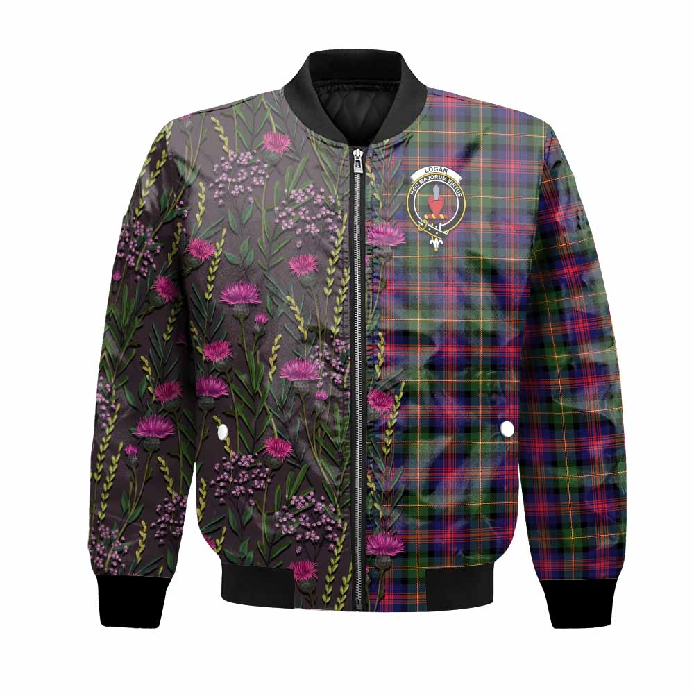 Logan Family Crest Tartan Bomber Jacket Scottish Thistle Flower Pattern Half Style - Tartan Vibes Clothing