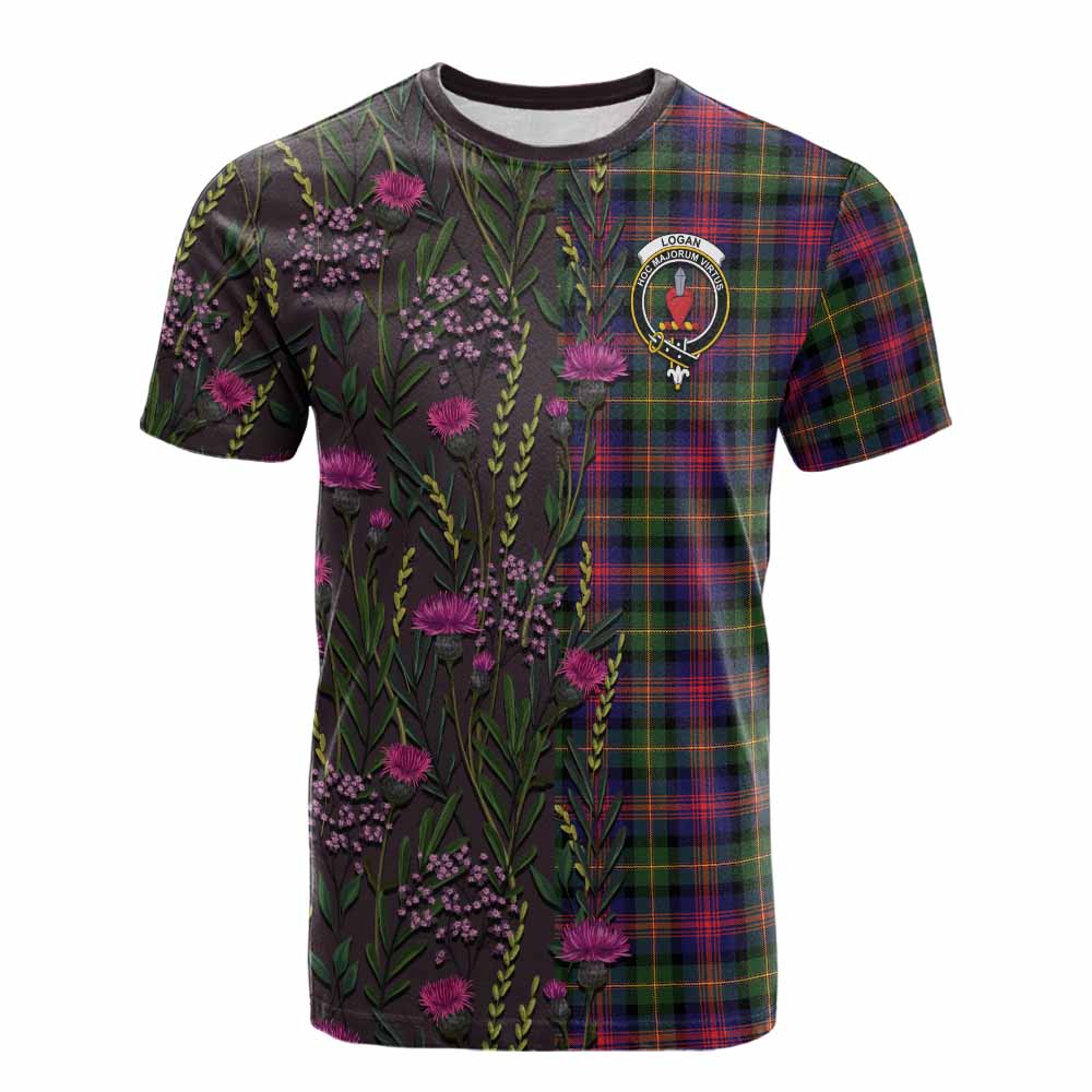 Logan Family Crest Tartan Cotton T-shirt Scottish Thistle Flower Pattern Half Style - Tartan Vibes Clothing