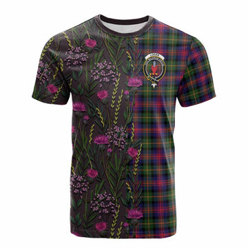 Logan Family Crest Tartan Cotton T-shirt Scottish Thistle Flower Pattern Half Style