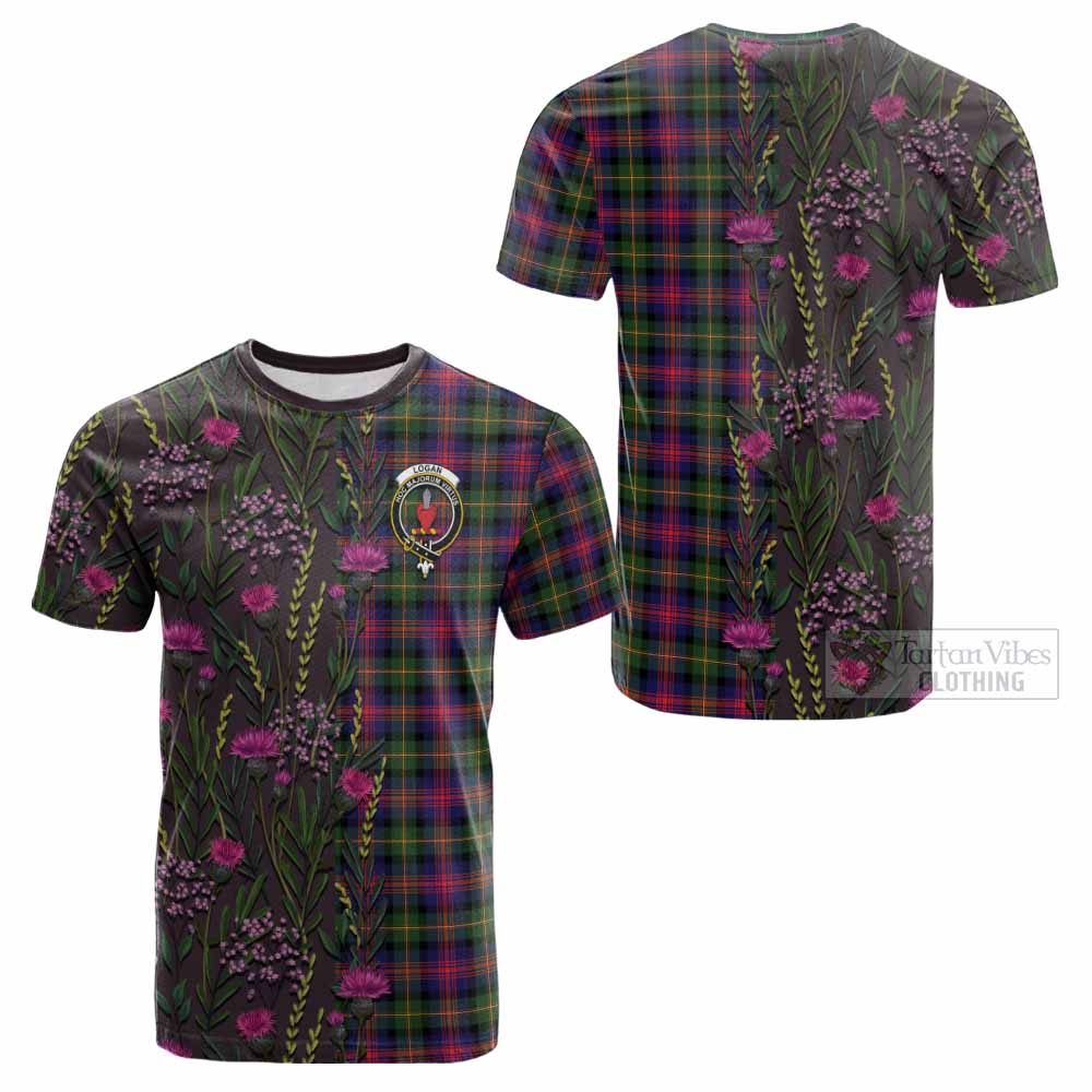 Logan Family Crest Tartan Cotton T-shirt Scottish Thistle Flower Pattern Half Style - Tartan Vibes Clothing