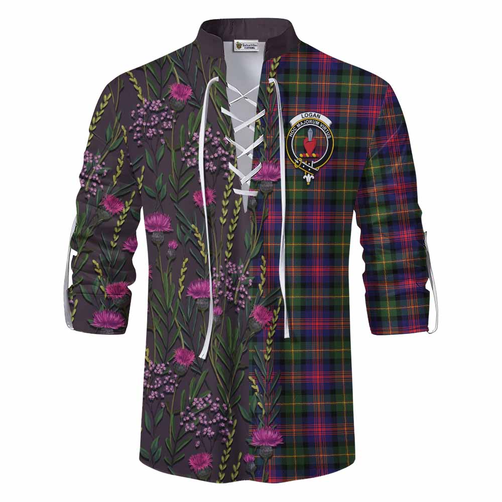 Logan Family Crest Tartan Ghillie Shirt Scottish Thistle Flower Pattern Half Style - Tartan Vibes Clothing