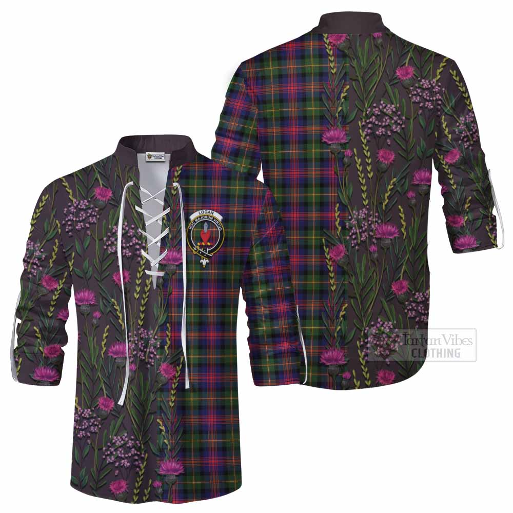 Logan Family Crest Tartan Ghillie Shirt Scottish Thistle Flower Pattern Half Style - Tartan Vibes Clothing