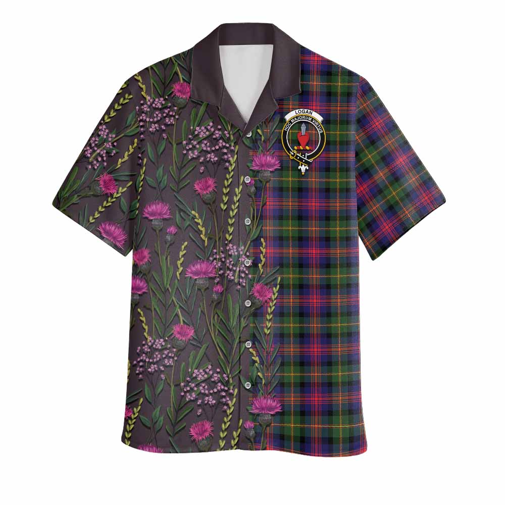 Logan Family Crest Tartan Hawaiian Shirt Scottish Thistle Flower Pattern Half Style - Tartan Vibes Clothing