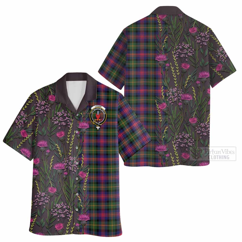 Logan Family Crest Tartan Hawaiian Shirt Scottish Thistle Flower Pattern Half Style - Tartan Vibes Clothing