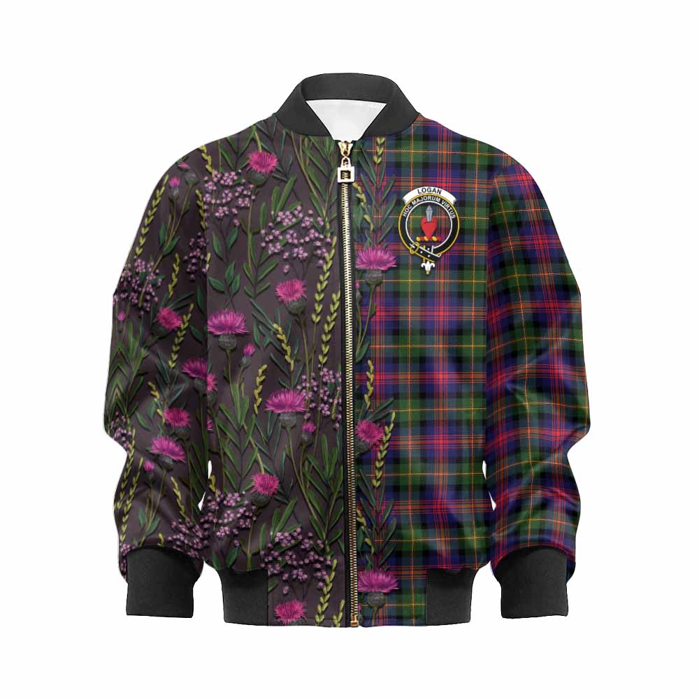 Logan Family Crest Tartan Kid Bomber Jacket Scottish Thistle Flower Pattern Half Style - Tartan Vibes Clothing