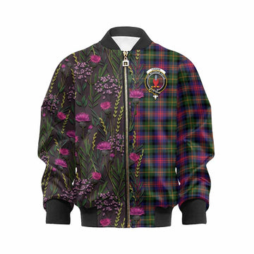 Logan Family Crest Tartan Kid Bomber Jacket Scottish Thistle Flower Pattern Half Style