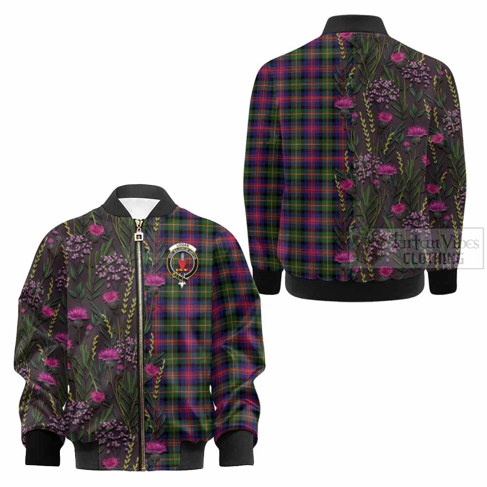 Logan Family Crest Tartan Kid Bomber Jacket Scottish Thistle Flower Pattern Half Style - Tartan Vibes Clothing