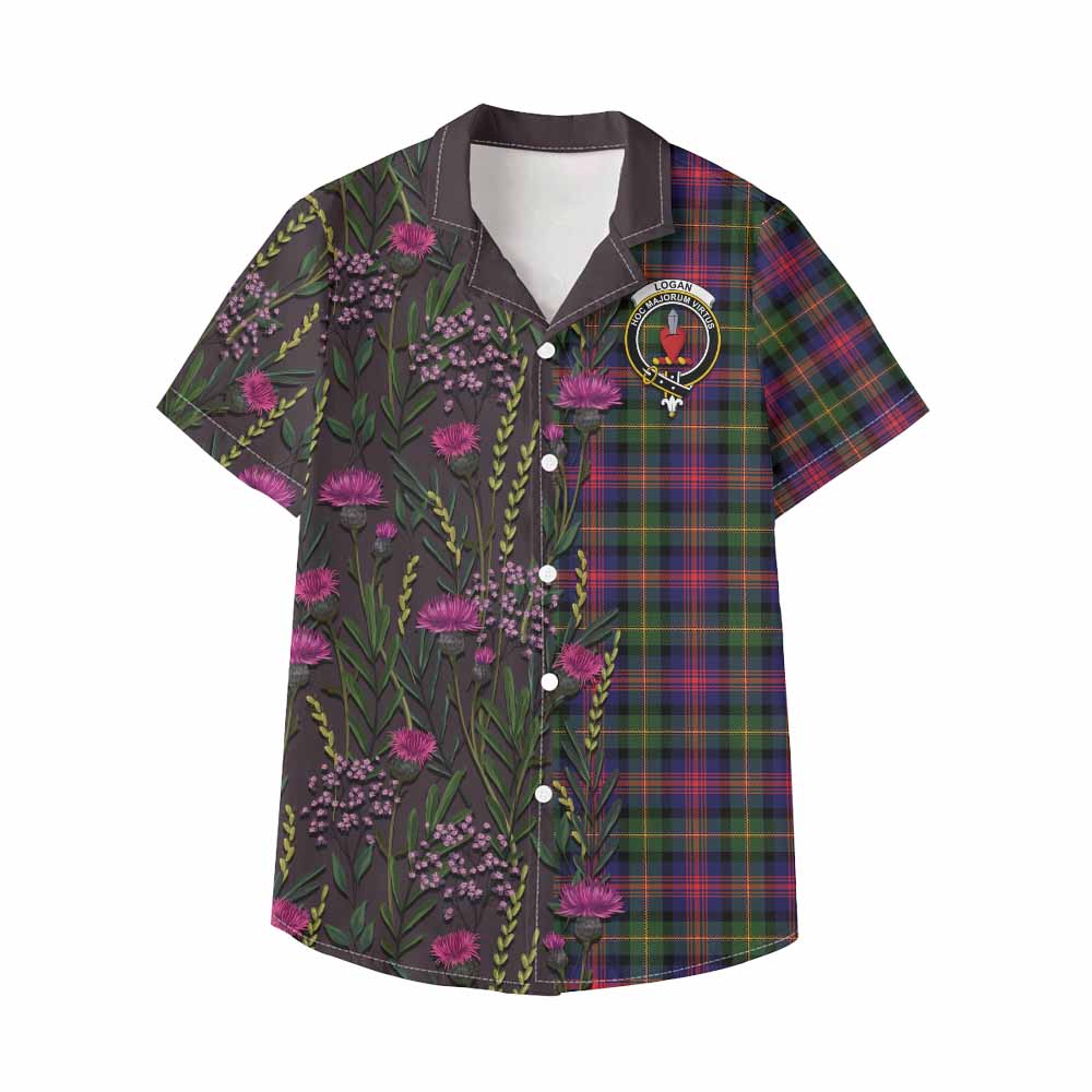Logan Family Crest Tartan Kid Hawaiian Shirt Scottish Thistle Flower Pattern Half Style - Tartan Vibes Clothing
