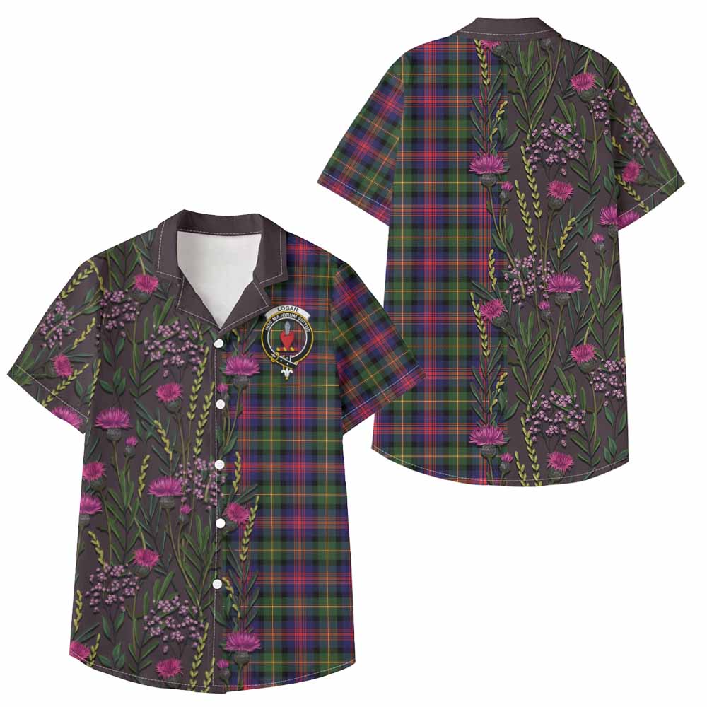 Logan Family Crest Tartan Kid Hawaiian Shirt Scottish Thistle Flower Pattern Half Style - Tartan Vibes Clothing