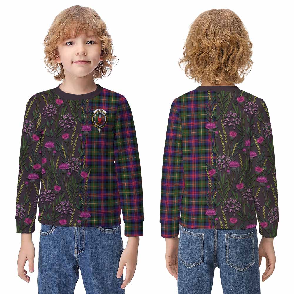 Logan Family Crest Tartan Kid Knitted Sweatshirt Scottish Thistle Flower Pattern Half Style - Tartan Vibes Clothing