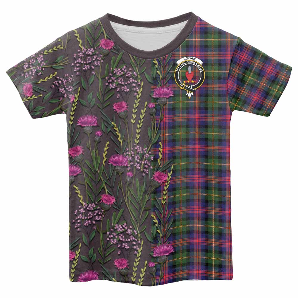 Logan Family Crest Tartan Kid T-shirt Scottish Thistle Flower Pattern Half Style - Tartan Vibes Clothing