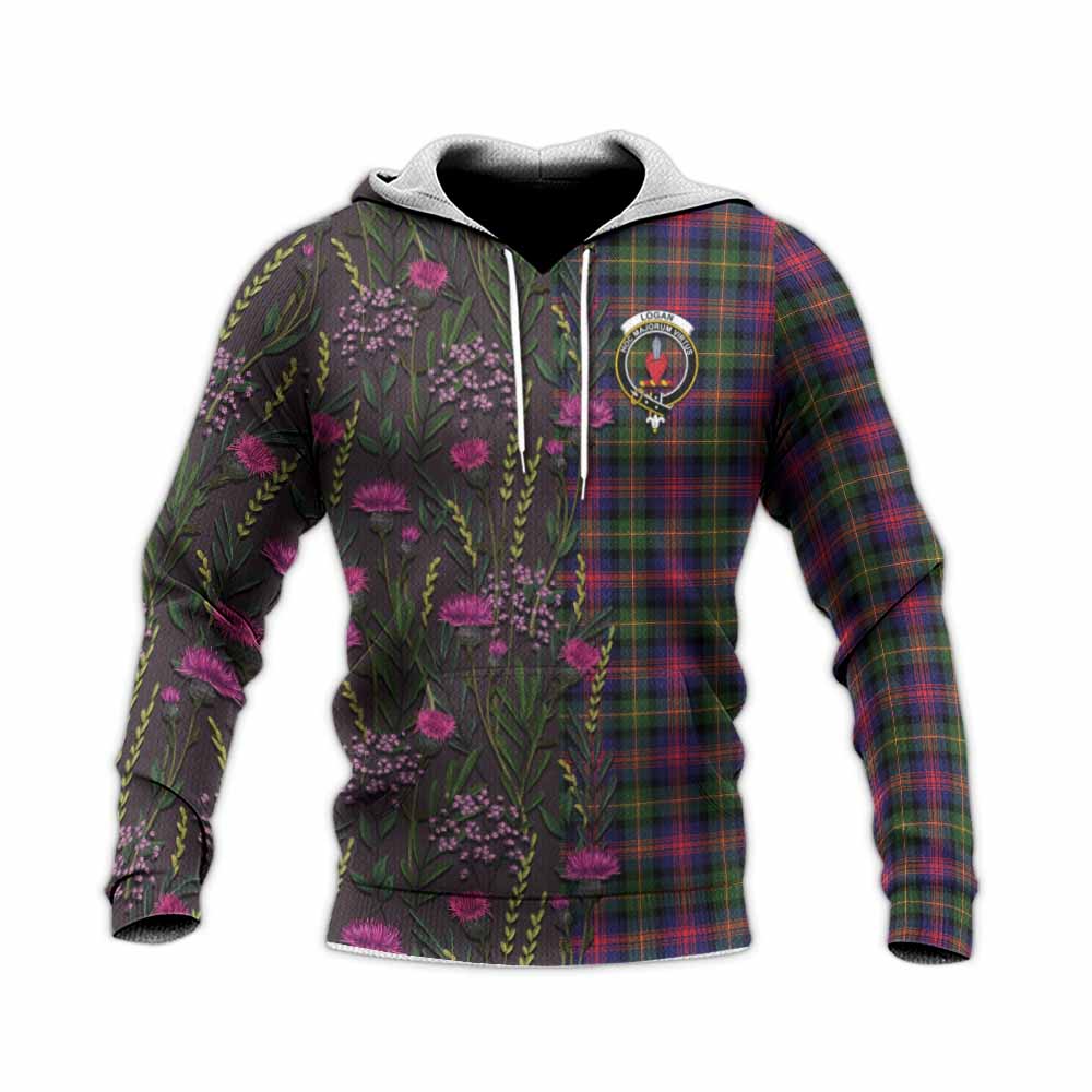 Logan Family Crest Tartan Knitted Hoodie Scottish Thistle Flower Pattern Half Style - Tartan Vibes Clothing