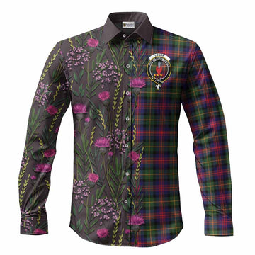 Logan Family Crest Tartan Long Sleeve Button Shirts Scottish Thistle Flower Pattern Half Style
