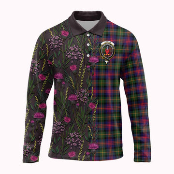 Logan Family Crest Tartan Long Sleeve Polo Shirt Scottish Thistle Flower Pattern Half Style