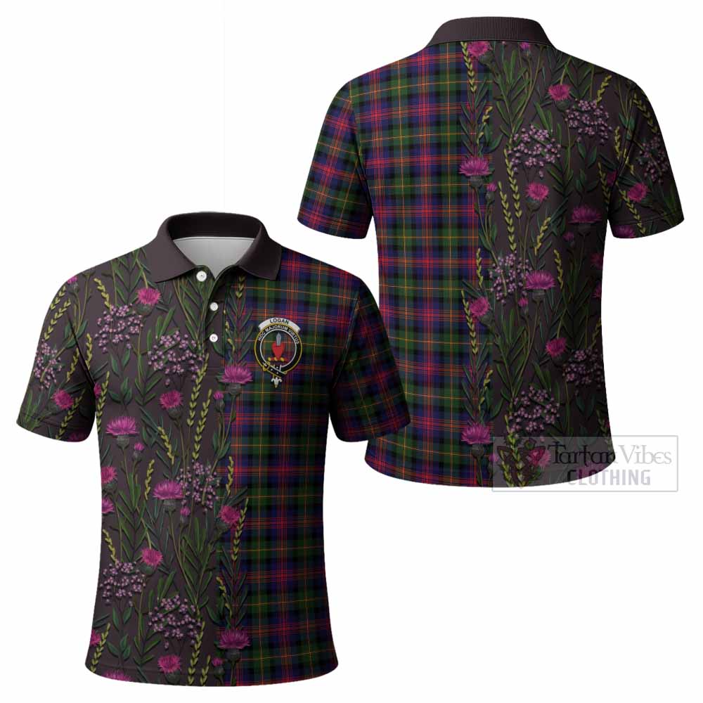 Logan Family Crest Tartan Polo Shirt Scottish Thistle Flower Pattern Half Style - Tartan Vibes Clothing